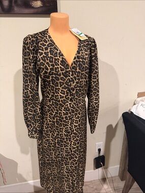 Michael Kors Leopard Print Long-Sleeve Wrap Midi Dress - Brown & Black
